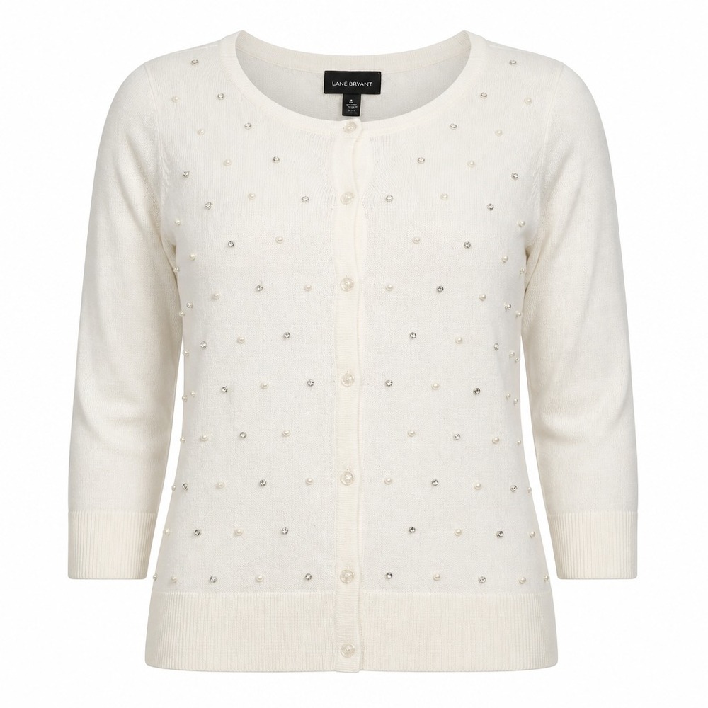 Dana Buchman Ivory Pearl Rhinestone Embellished Cardigan Sweater Size L NWT